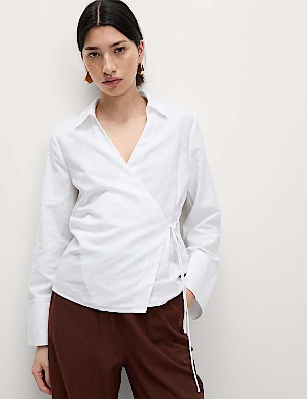 Linen Rich Collared Tie Front Shirt - CZ