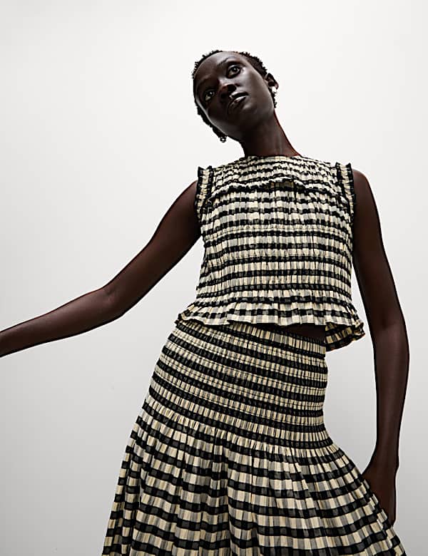 Cotton Blend Checked Shirred Top
