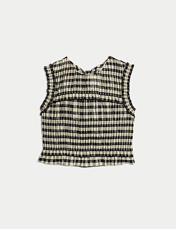 Cotton Blend Checked Shirred Top - JE