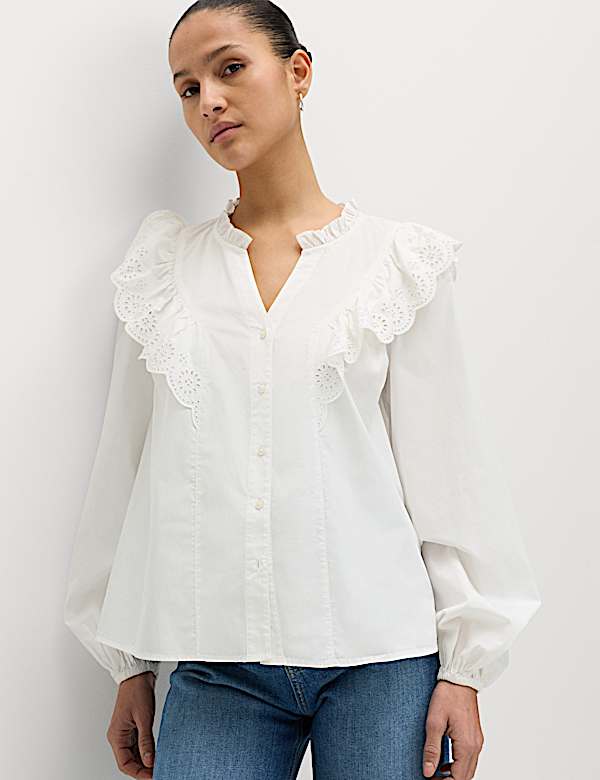 Pure Cotton Broderie Long Sleeve Blouse