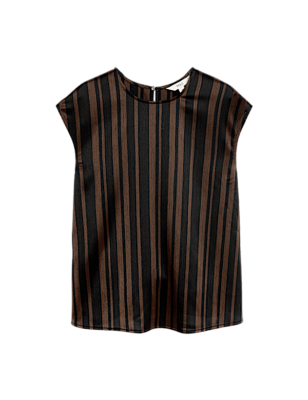 Plisse Striped Round Neck Sleeveless Top