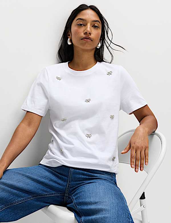 Pure Cotton Embellished Bow Top - PT