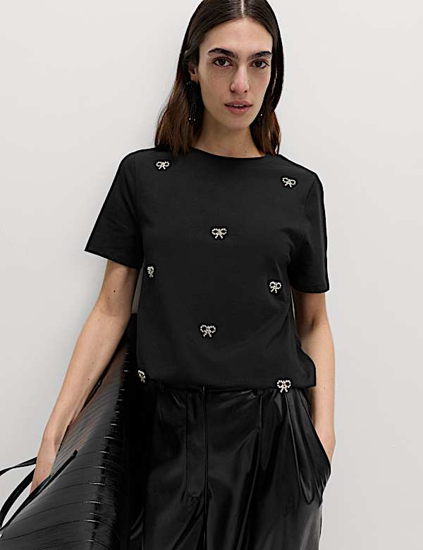 Pure Cotton Embellished Bow Top - CY