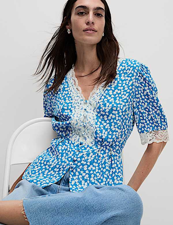 Floral Lace Detail V-Neck Blouse