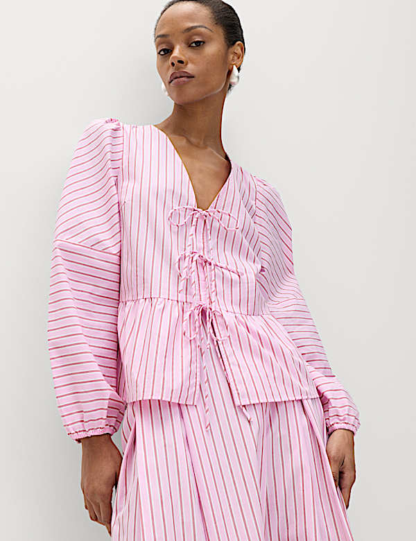 Pure Cotton Striped Tie Front Long Sleeve Blouse - FI