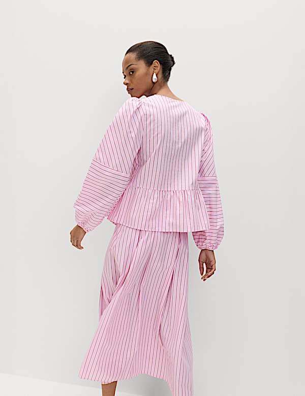 Pure Cotton Striped Tie Front Long Sleeve Blouse - FI