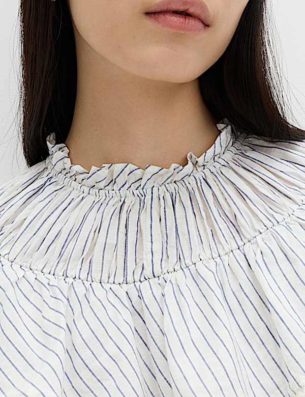 Pure Cotton Striped Lace Detail Blouse