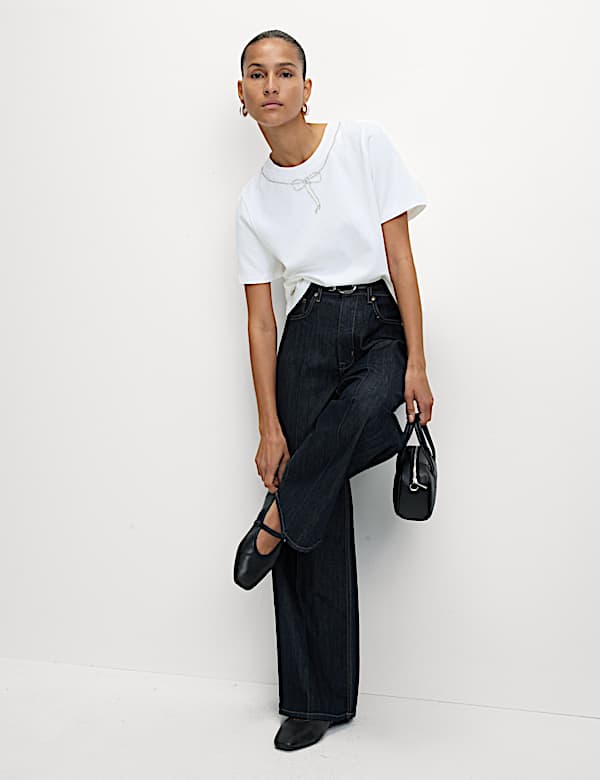 Pure Cotton Bow Embellished T-Shirt - US