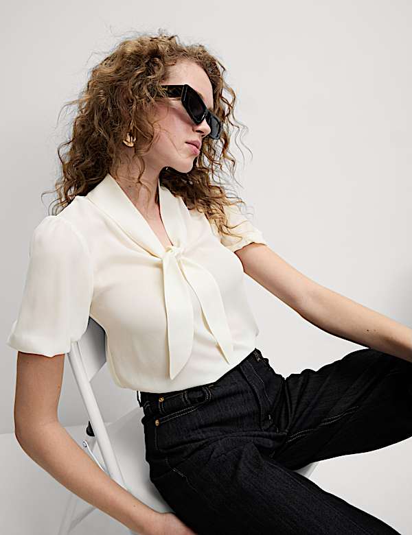 Scarf Neck Puff Sleeve Top - BE