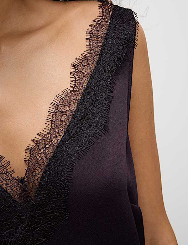 Satin V-Neck Lace Insert Cami Top - GR