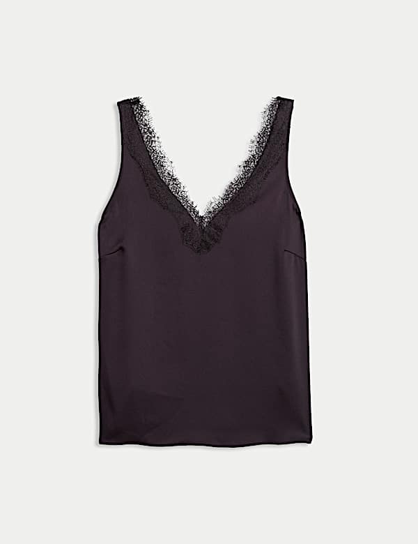 Satin V-Neck Lace Insert Cami Top - GR