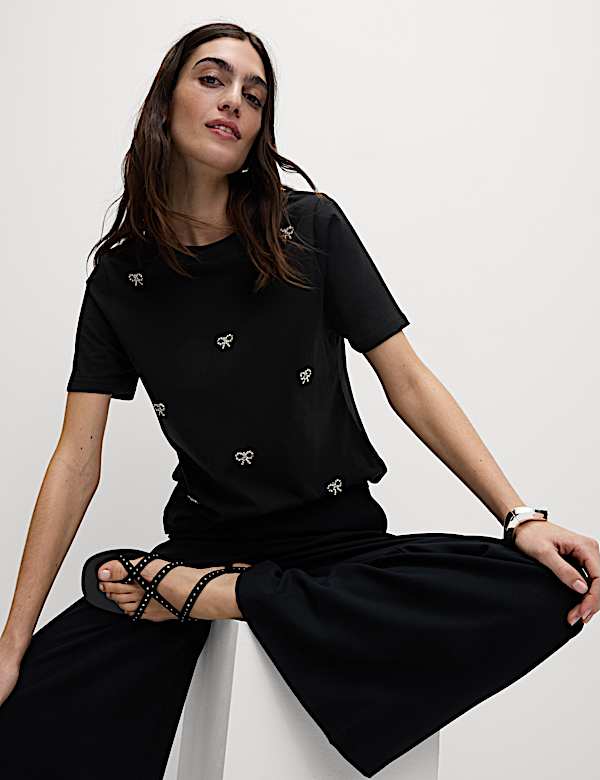 Pure Cotton Bow Detail Embellished Top - CH