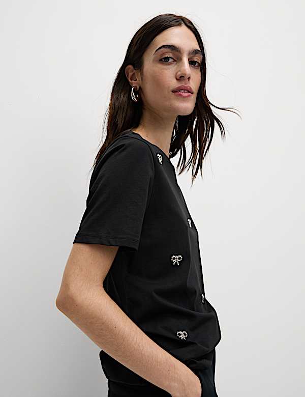 Pure Cotton Bow Detail Embellished Top - CH