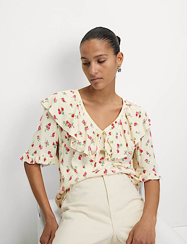 Floral Frill Neck Tie Detail Top