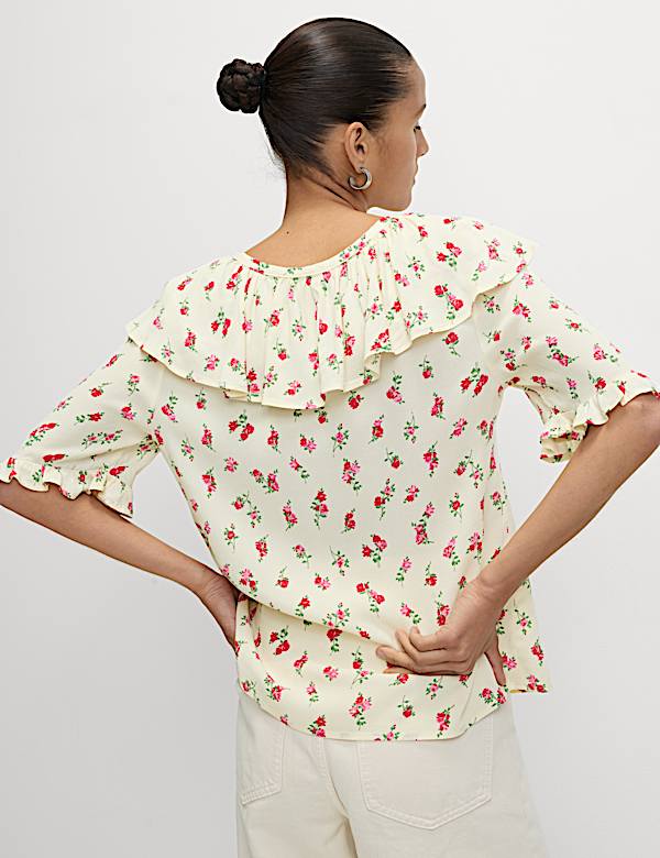 Floral Frill Neck Tie Detail Top