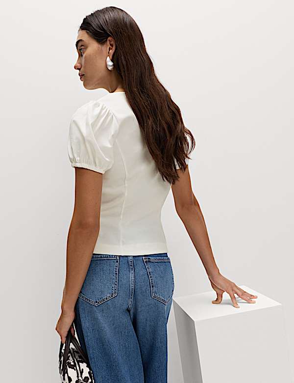 Square Neck Button Through Puff Sleeve Top