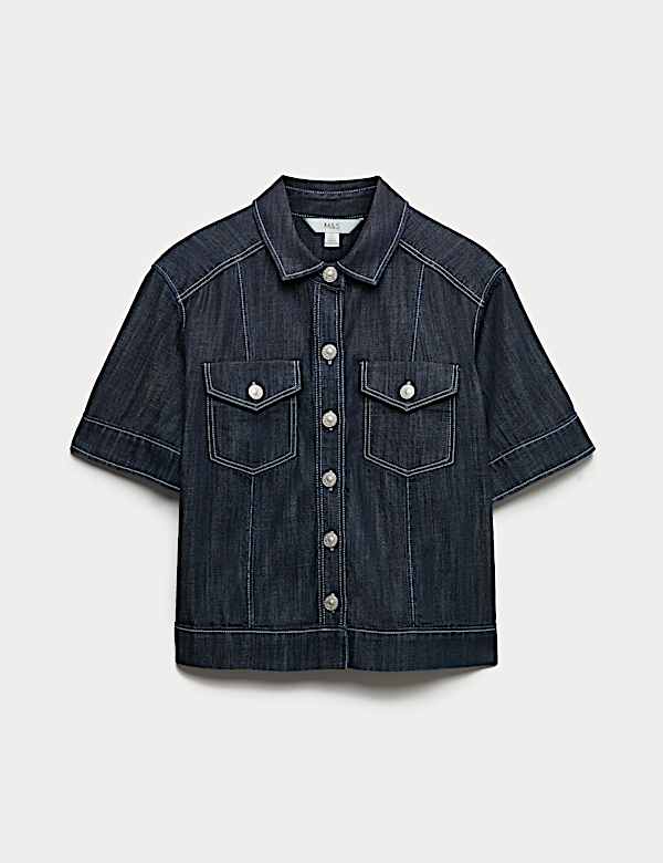 חולצת שרוול קצר מבד ג'ינס עשיר בכותנה עם כיסים - IL