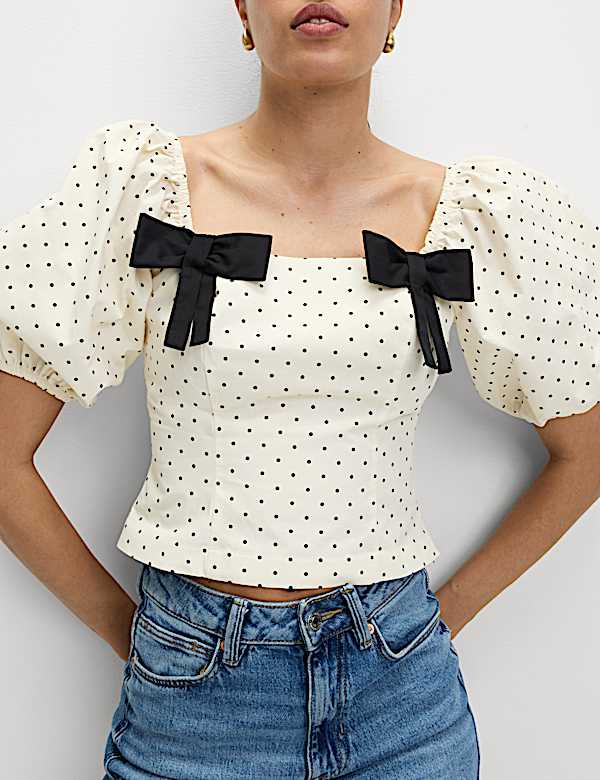 Pure Cotton Square neck Polka Dot Bow Top - SE