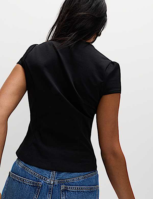 Round Neck Fitted Button Detail Top - US