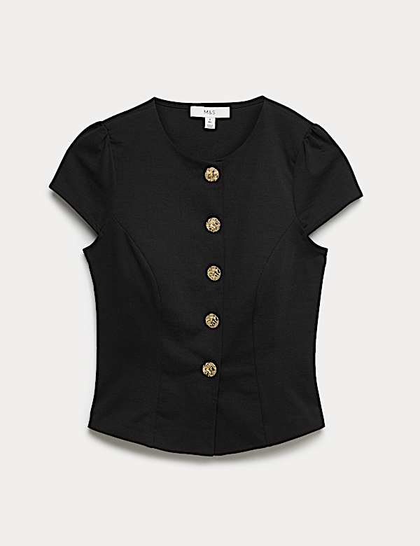Round Neck Fitted Button Detail Top - US