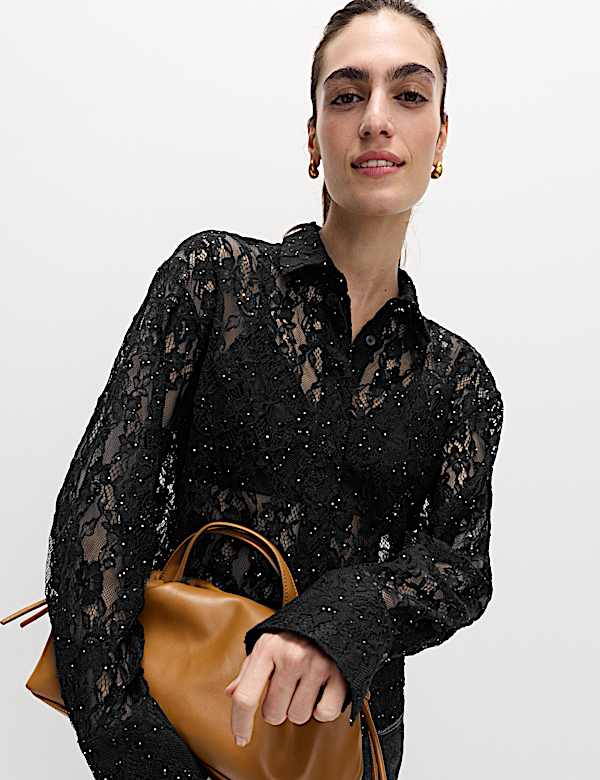 Lace Embellished Detail Collared Shirt - LU