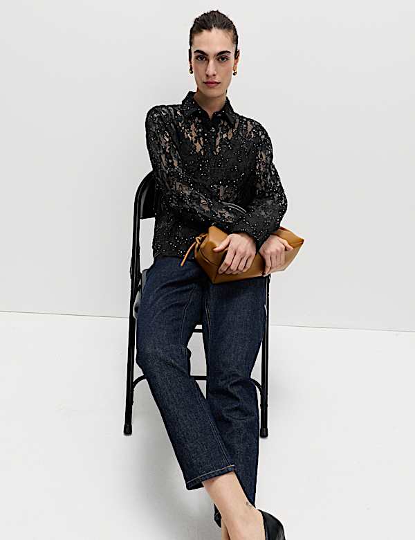 Lace Embellished Detail Collared Shirt