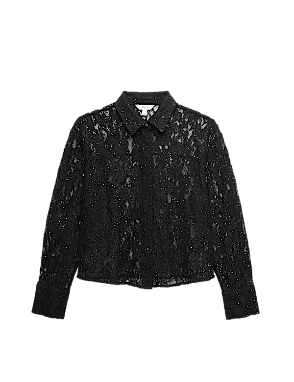 Lace Embellished Detail Collared Shirt