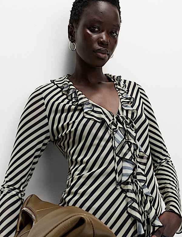 Striped V-Neck Frill Detail Top - FR