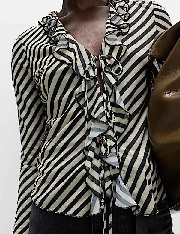 Striped V-Neck Frill Detail Top - FR