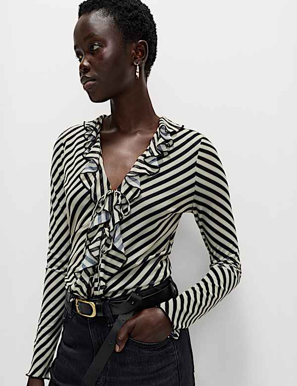 Striped V-Neck Frill Detail Top - FR