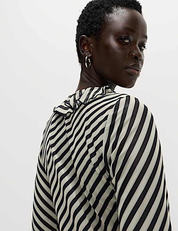 Striped V-Neck Frill Detail Top - FR