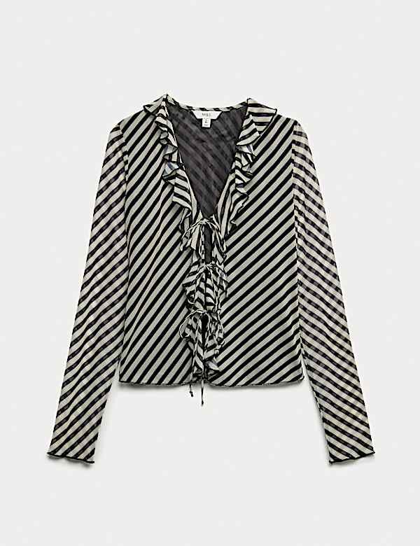 Striped V-Neck Frill Detail Top - FR