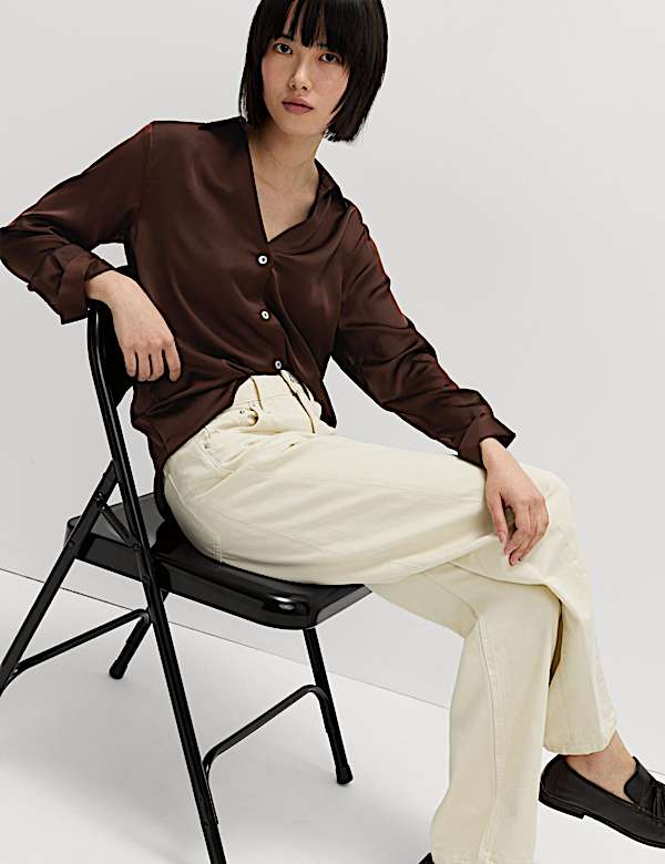 Satin V-Neck Collared Shirt - ID