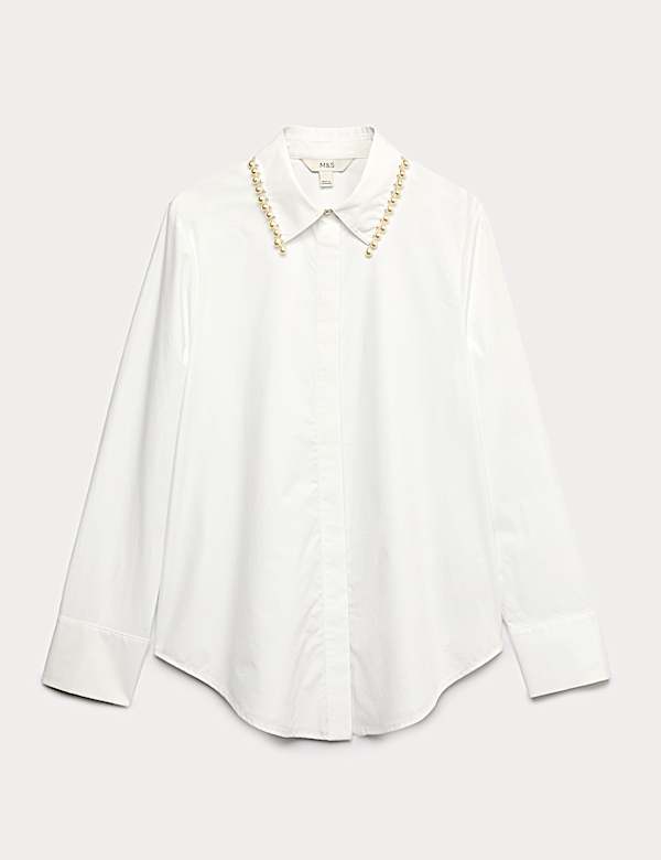 Pure Cotton Beaded Collar Oversized Shirt - MX