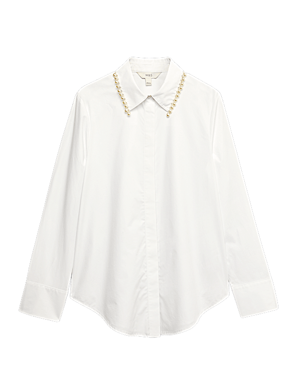 Pure Cotton Beaded Collar Oversized Shirt