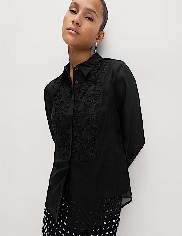 Lace Bib Collared Shirt - DK