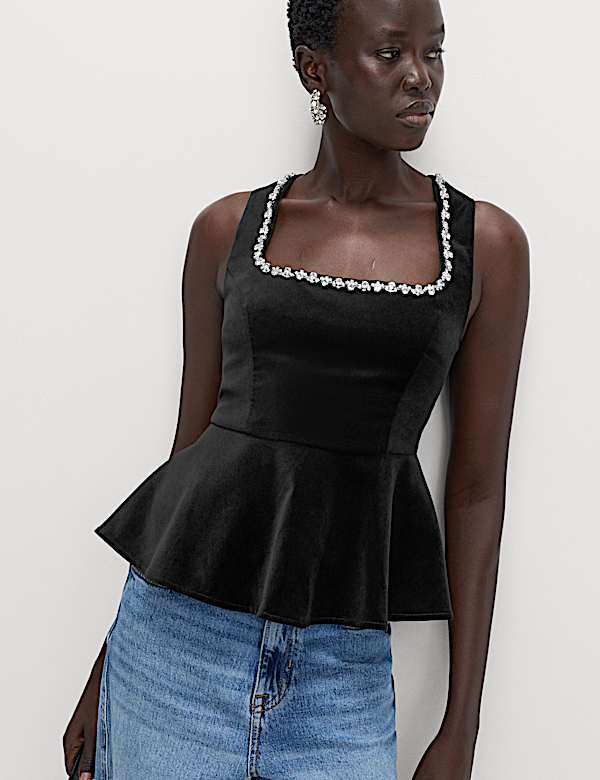 Velvet Embellished Detail Fitted Peplum Top - AT