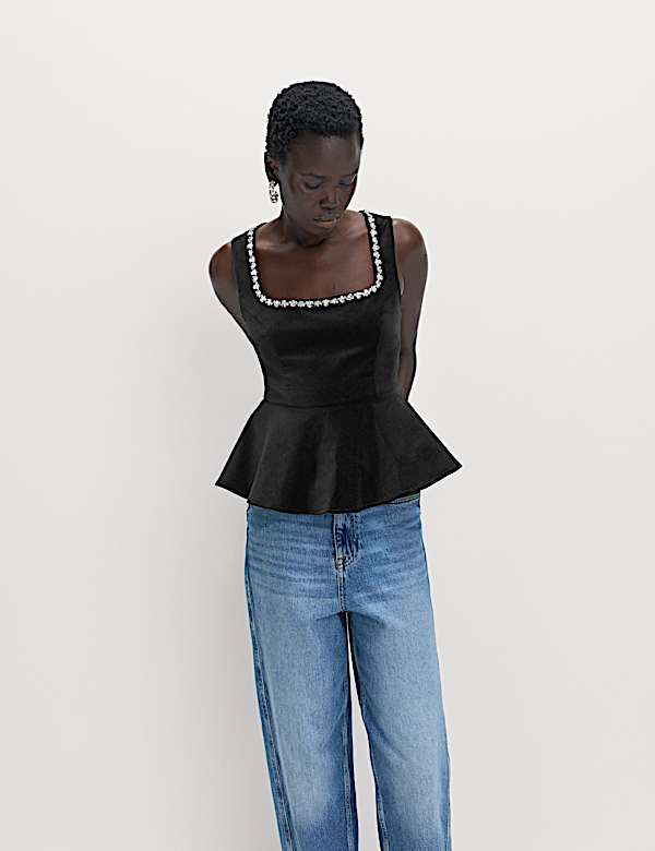 Velvet Embellished Detail Fitted Peplum Top - AT