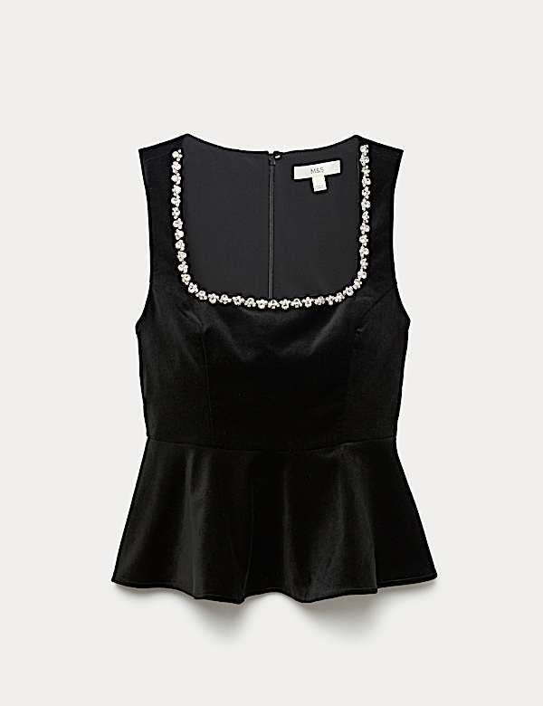 Velvet Embellished Detail Fitted Peplum Top - AT