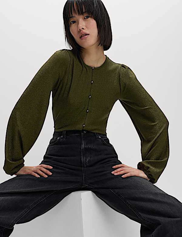 Sparkly Button Through Blouson Sleeve Top - PL