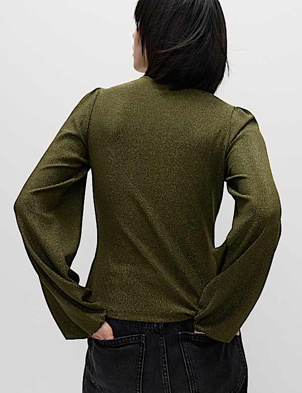 Sparkly Button Through Blouson Sleeve Top - BN