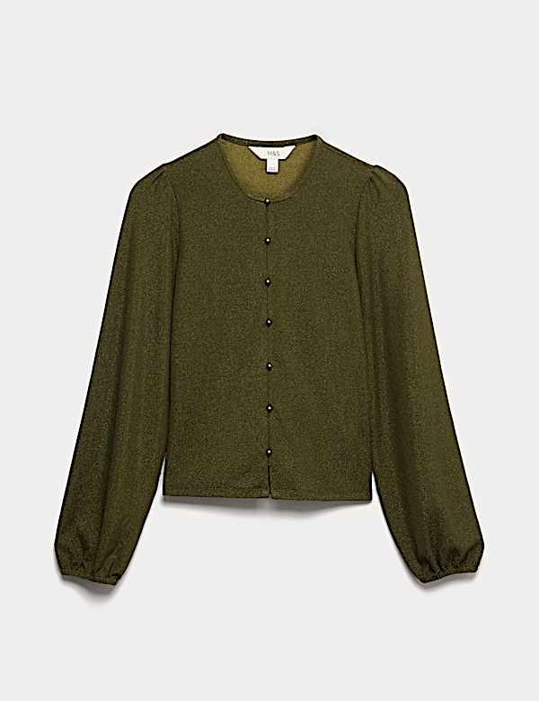 Sparkly Button Through Blouson Sleeve Top - BN