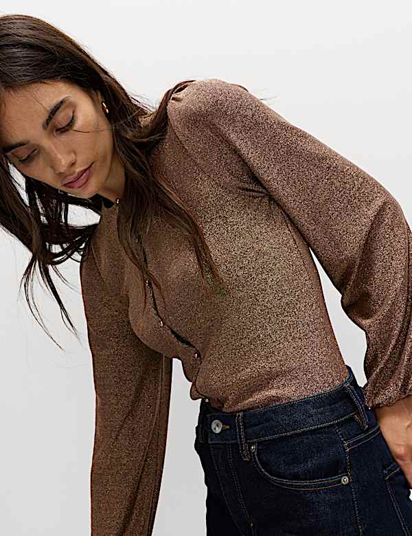 Sparkly Button Through Blouson Sleeve Top