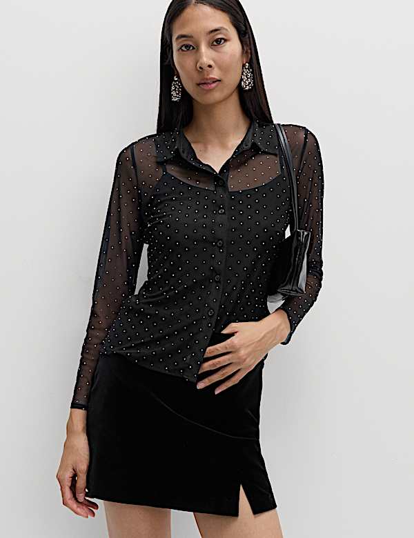 Mesh Embellished Fitted Shirt
