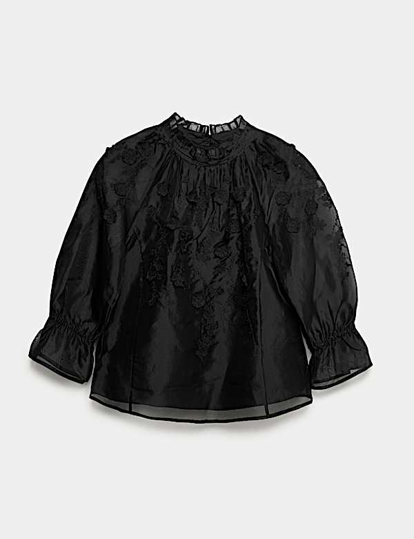 Organza Embroidered Floral High Neck Blouse - PT
