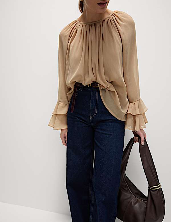 Crew Neck Ruffle Sleeve Blouse