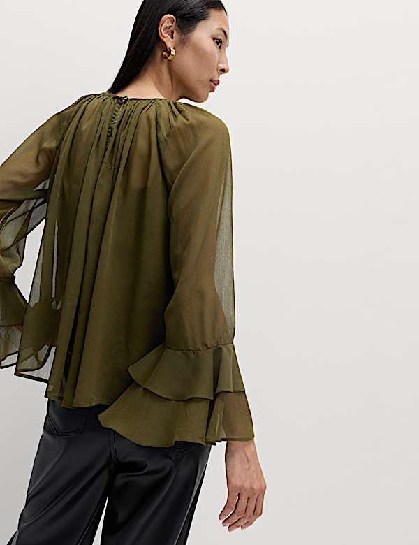 Crew Neck Ruffle Sleeve Blouse