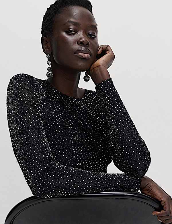 Mesh Jersey Rhinestone Embellished Top - FI