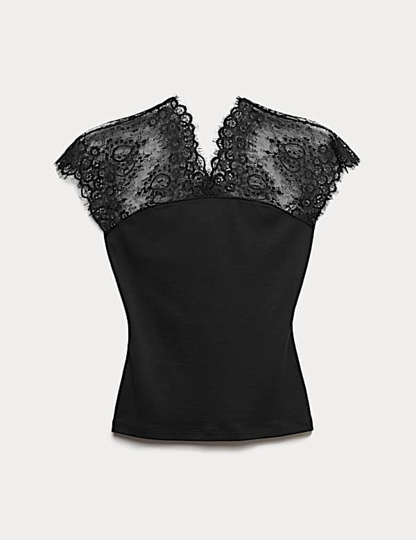 Pure Cotton Lace Insert V-Neck Top - JO