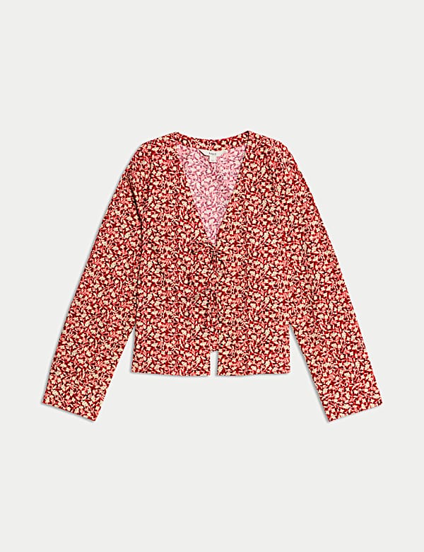 חולצה מכותנה טהורה עם קשירה קדמית והדפס - IL